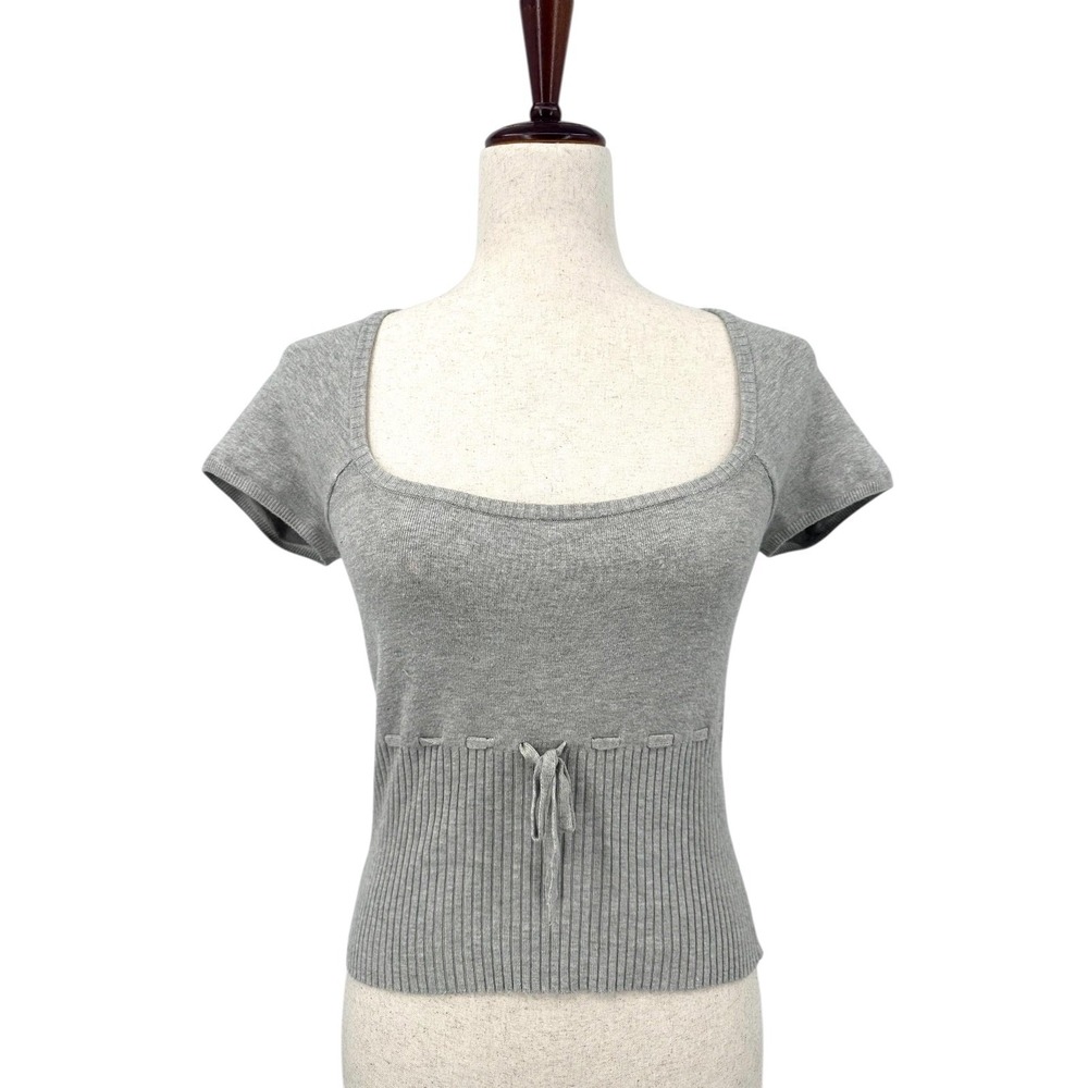 KIMCHI BLUE Edison Knit Top Gray Cap Sleeve Women's Medium Cropped Waist Tie